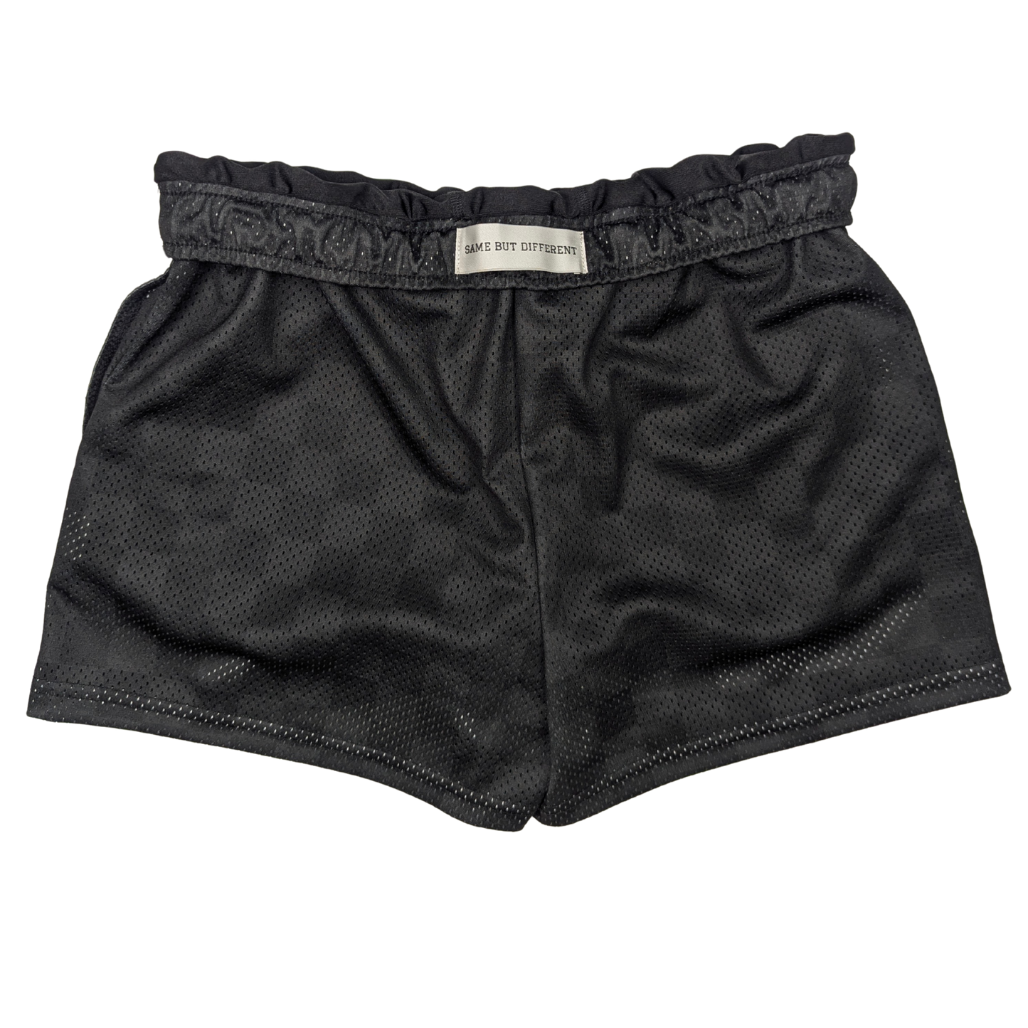 Black women's mesh shorts with waistband inner label