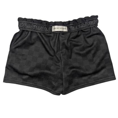 Black women's mesh shorts with waistband inner label